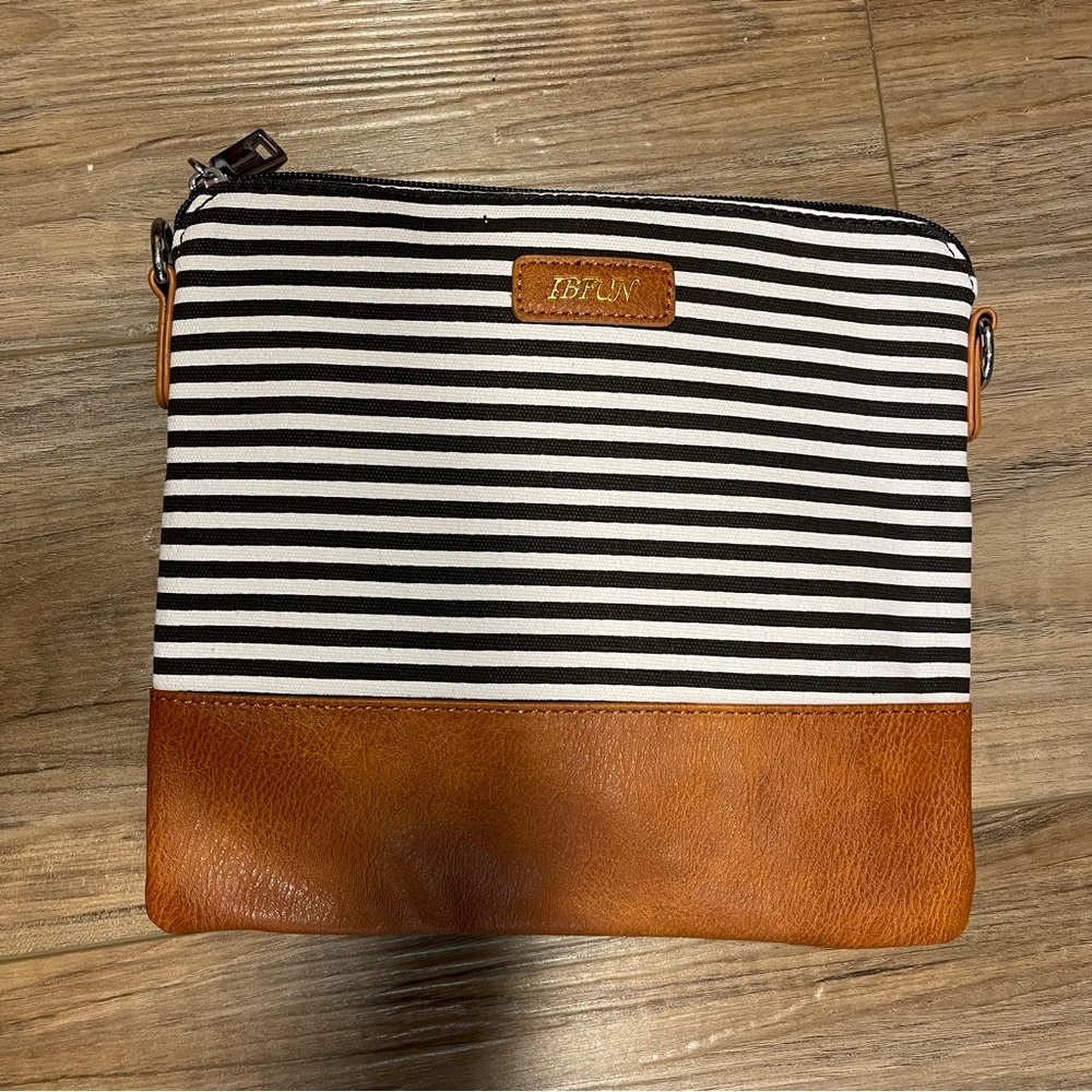 Striped Black & White Crossbody with Tan Leather Trim by